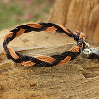 Smoky quartz and leather braided bracelet, 'Joyous Nature' - Braided Leather Smoky Quartz Bracelet with Hill Tribe Silver