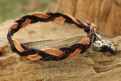 Smoky quartz and leather braided bracelet, 'Joyous Nature' - Braided Leather Smoky Quartz Bracelet with Hill Tribe Silver