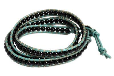 Onyx wrap bracelet, 'Inner Balance' - Onyx and Leather Wrap Bracelet Thai Artisan Jewelry