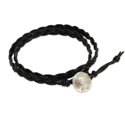 Leather wrap bracelet, 'Black Braid' - Black Braided Leather Bracelet with Hill Tribe Silver