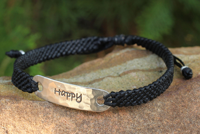 Silver accent wristband bracelet, 'Happy Desire' - Hand Made Inspirational Macrame Bracelet
