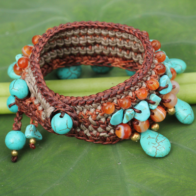 Carnelian beaded bracelet, 'Dawn Seas' - Carnelian Crocheted Beaded Wristband Bracelet