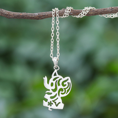 Sterling silver pendant necklace, 'Happy Elephant' - Silver Silhouette Elephant Necklace