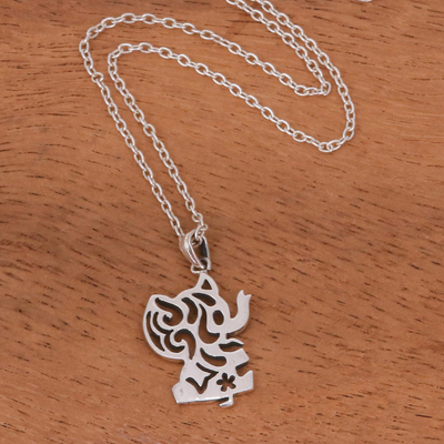 Sterling silver pendant necklace, 'Happy Elephant' - Silver Silhouette Elephant Necklace