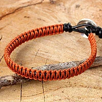 Leather and silver wristband bracelet, 'Orange Om' - Orange Macrame on Leather Bracelet with Silver Button