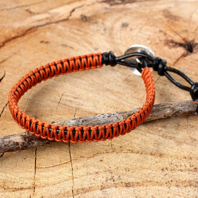 Leather and silver wristband bracelet, 'Orange Om' - Orange Macrame on Leather Bracelet with Silver Button