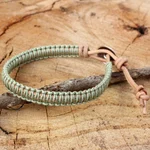 Leather and silver wristband bracelet, 'Hemlock Suns' - Silver Button and Pale Green Macrame on Leather Bracelet