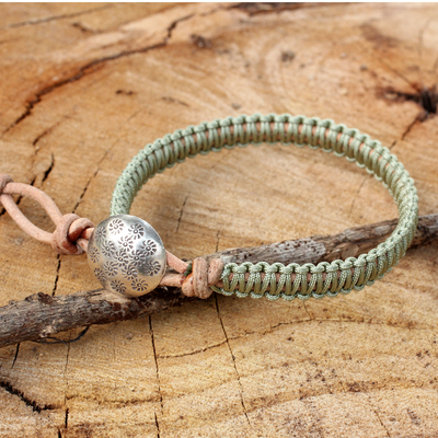 Leather and silver wristband bracelet, 'Hemlock Suns' - Silver Button and Pale Green Macrame on Leather Bracelet
