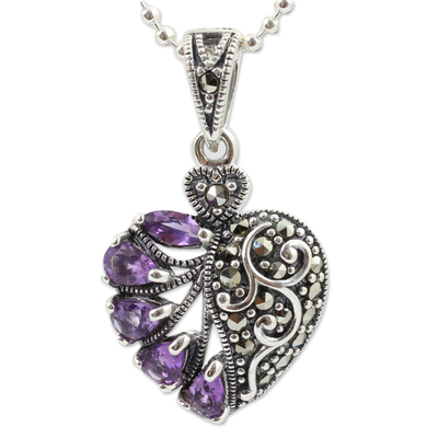 Amethyst and marcasite heart necklace, 'Spectacular Romance' - Amethyst Marcasite and Sterling Silver Heart Necklace
