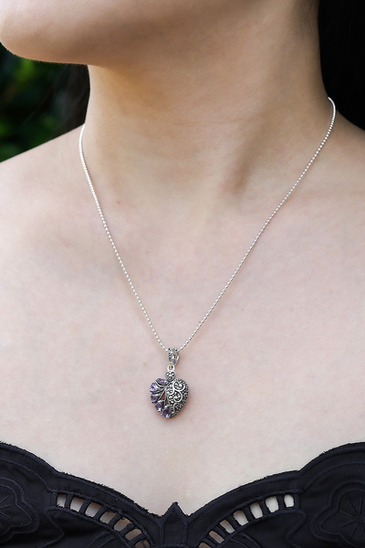 Amethyst and marcasite heart necklace, 'Spectacular Romance' - Amethyst Marcasite and Sterling Silver Heart Necklace