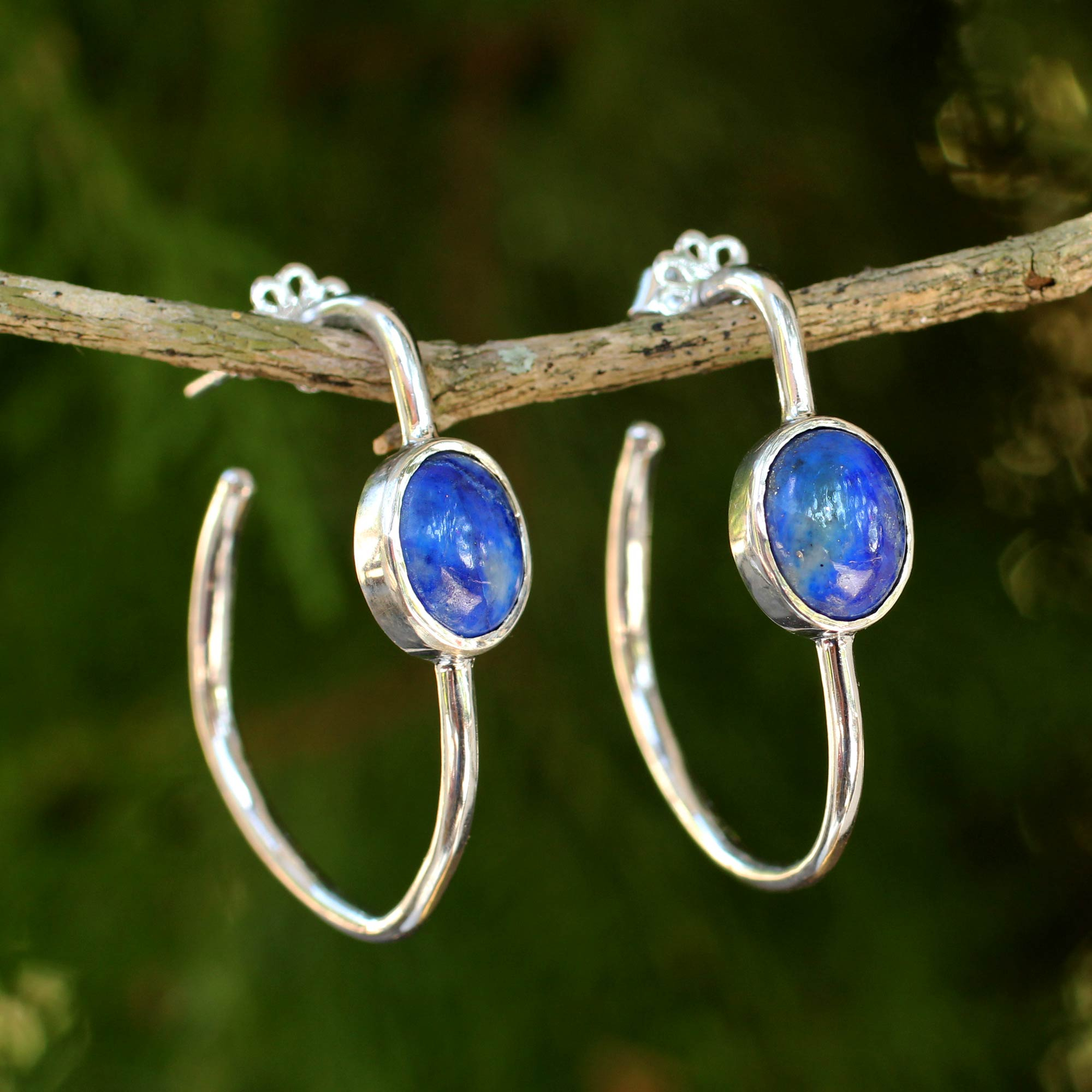 Lapis Lazuli September Birthstone Modern Hoop Earrings Silver 