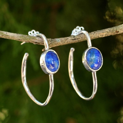Lapis lazuli half hoop earrings, 'Modern Moonlight' - Modern Silver Half Hoop Earrings with Lapis Lazuli
