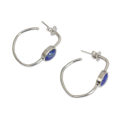 Lapis lazuli half hoop earrings, 'Modern Moonlight' - Modern Silver Half Hoop Earrings with Lapis Lazuli