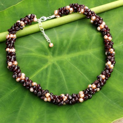 Cultured pearl and garnet beaded necklace, 'Gracious Lady' - Thai Hand Knotted Pearl and Garnet Beaded Necklace