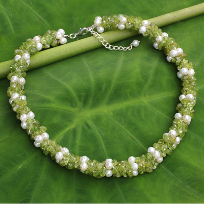 Cultured pearl and peridot beaded necklace, 'Gracious Lady' - Thai Hand Knotted Pearl and Peridot Beaded Necklace