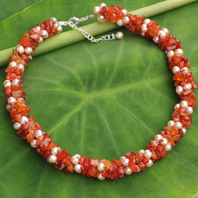 Cultured pearl and carnelian beaded necklace, 'Gracious Lady' - Thai Hand Knotted Pearl and Carnelian Beaded Necklace