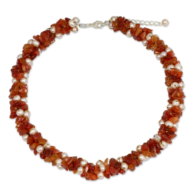 Cultured pearl and carnelian beaded necklace, 'Gracious Lady' - Thai Hand Knotted Pearl and Carnelian Beaded Necklace
