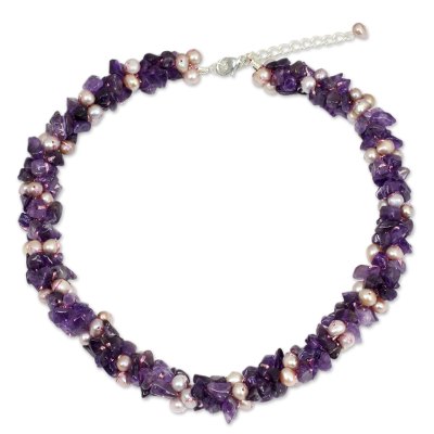 Cultured pearl and amethyst beaded necklace, 'Gracious Lady' - Pink Pearls and Amethyst Handmade Necklace
