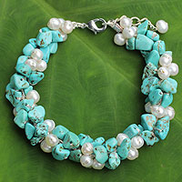 Cultured pearl beaded bracelet, 'Gracious Lady' - White Pearls and Blue Calcite Handmade Bracelet