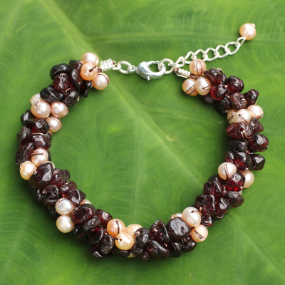 Cultured pearl and garnet beaded bracelet, 'Gracious Lady' - That Hand Knotted Pearl and Garnet Beaded Bracelet