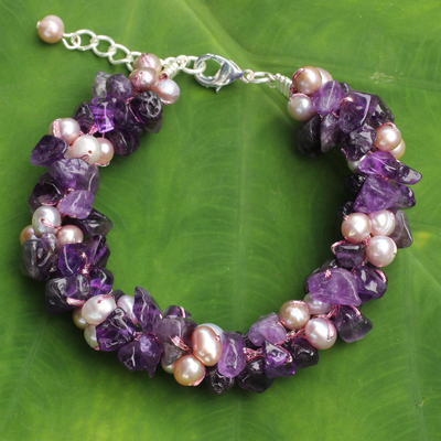 Cultured pearl and amethyst beaded bracelet, 'Gracious Lady' - Pink Pearls and Amethyst Handmade Bracelet