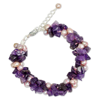 Cultured pearl and amethyst beaded bracelet, 'Gracious Lady' - Pink Pearls and Amethyst Handmade Bracelet