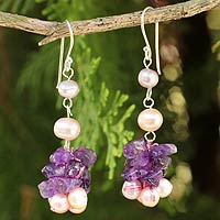Cultured pearl and amethyst beaded earrings, 'Gracious Lady' - Pink Pearls and Amethyst Handmade Earrings