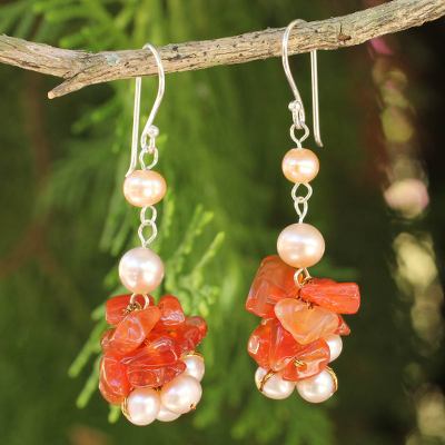 Cultured pearl and carnelian beaded earrings, 'Gracious Lady' - Thai Hand Knotted Pearl and Carnelian Beaded Earrings