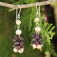 Cultured pearl and garnet beaded earrings, 'Gracious Lady' - Thai Hand Knotted Pearl and Garnet Beaded Necklace
