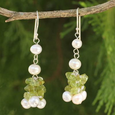 Cultured pearl and peridot beaded earrings, 'Gracious Lady' - Thai Hand Knotted Pearl and Peridot Beaded Earrings