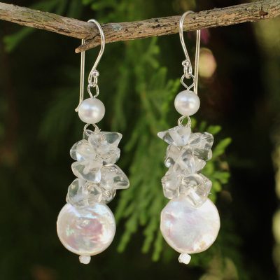 Cultured pearl and quartz cluster earrings, 'Exquisite Elegance' - Hand Knotted Pearl and Quartz Thai Earrings