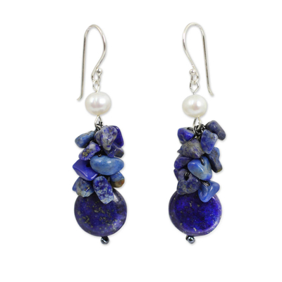 Cultured pearl and lapis lazuli cluster earrings, 'Exquisite Elegance' - Hand Knotted Pearl and Lapis Lazuli Thai Earrings