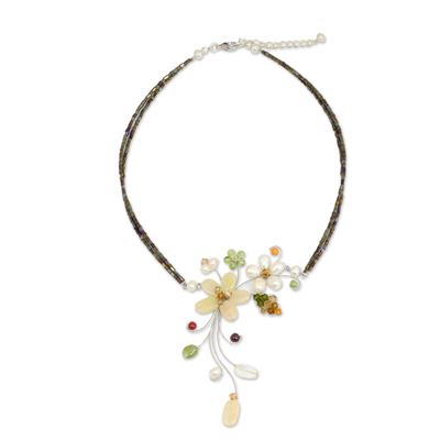 Cultured pearl and gemstone flower necklace, 'Honey Lily' - Handmade Pearl and Gemstone Floral Choker