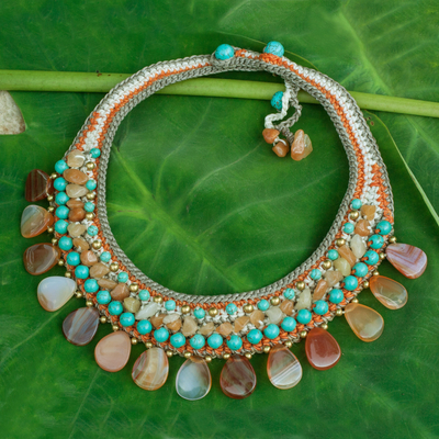 Carnelian and quartz choker, 'Dawn Sun' - Multi Gemstone Crocheted Choker Necklace