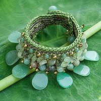 Amazonite and prehnite wristband bracelet, 'Dawn Forest' - Hill Tribe Quartz and Prehnite Wristband Bracelet