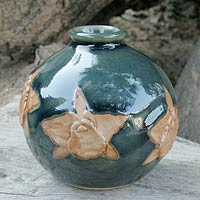 Celadon ceramic vase, 'Orchid in Dark Green Splendor'