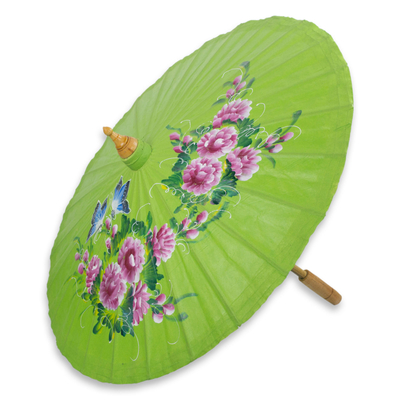 Cotton and bamboo parasol, 'Blossoming Lanna in Lime' - Hand-painted Cotton and Bamboo Parasol