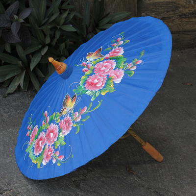 Cotton and bamboo parasol, 'Blossoming Lanna in Blue' - Hand-painted Cotton and Bamboo Parasol