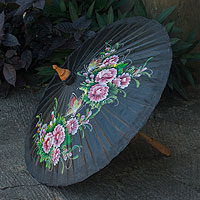 Cotton and bamboo parasol, 'Blossoming Lanna in Black' - Cotton and Bamboo Handcrafted Parasol