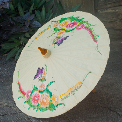 Cotton and bamboo parasol, 'Butterfly Paradise' - Cotton and Bamboo Handcrafted Parasol
