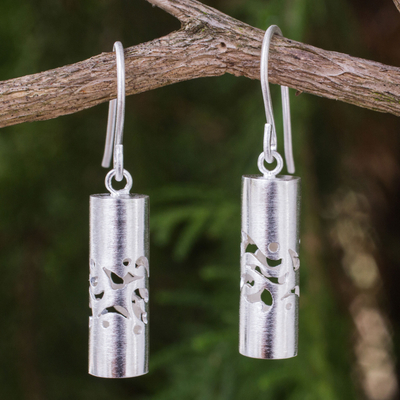 Sterling silver dangle earrings, 'Thai Art' - Cylindrical Sterling Silver Earrings