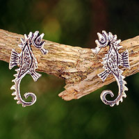 Sterling silver button earrings, 'Seahorse'