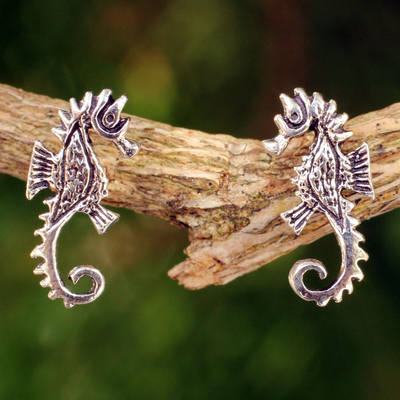 Sterling silver button earrings, 'Seahorse' - Seahorse Sterling Silver Earrings