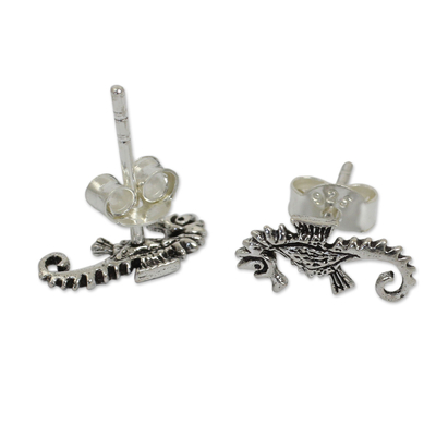 Sterling silver button earrings, 'Seahorse' - Seahorse Sterling Silver Earrings