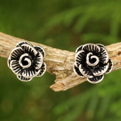 Sterling silver button earrings, 'Thai Peony' - Sterling Flower Earrings