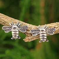 Sterling silver stud earrings, 'Happy Honeybee' - Honeybee Sterling Silver Stud Earrings