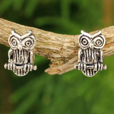 Sterling silver button earrings, Wise Little Owl
