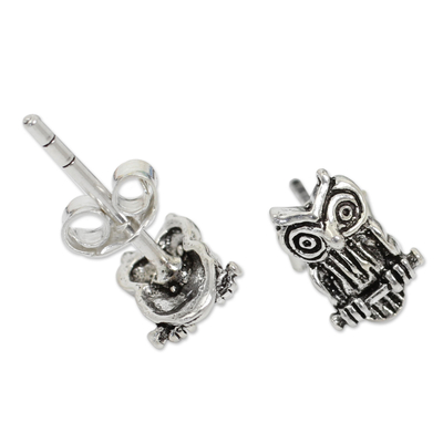 Sterling silver button earrings, 'Wise Little Owl' - Silver Bird Theme Earrings