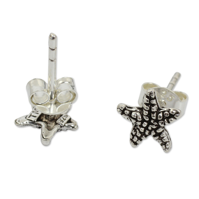 Sterling silver button earrings, 'Baby Starfish' - Silver Sea Life Theme Earrings