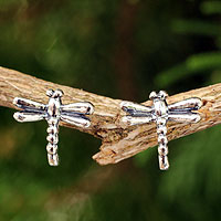 Sterling silver button earrings, 'Baby Dragonfly'